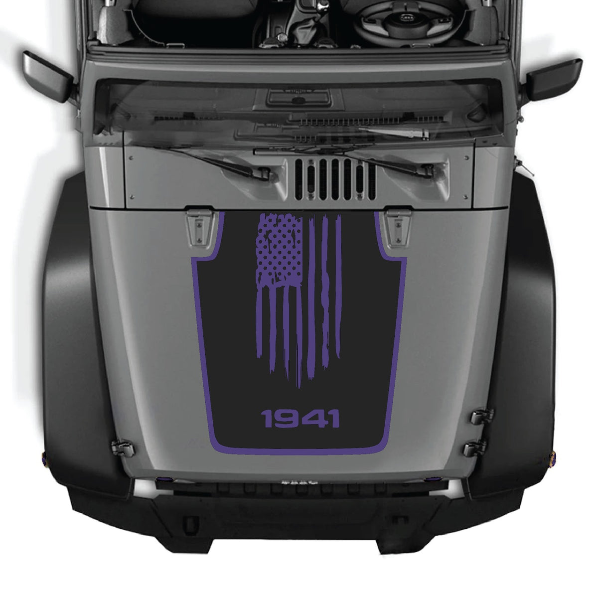 Jeep Wrangler JK/JKU hood decal in style #06, black and gray graphic design, for 2007-2018 models, by CarCode.