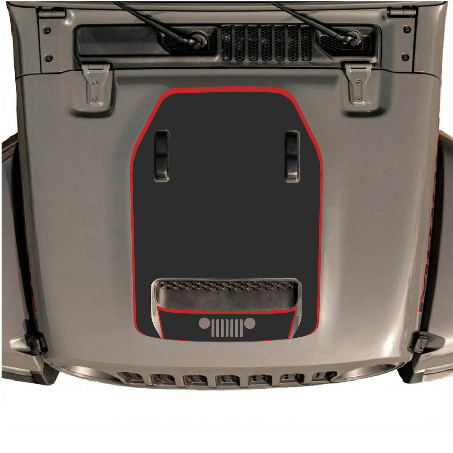 CarCode hood decal for Jeep Wrangler JL/JLU Rubicon 392 and JT Gladiator Mojave 2020-2026, style #99, black and gray graphic design.