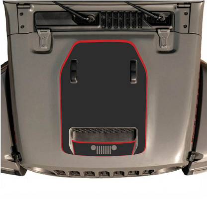 CarCode hood decal for Jeep Wrangler JL/JLU Rubicon 392 and JT Gladiator Mojave 2020-2026, style #99, black and gray graphic design.