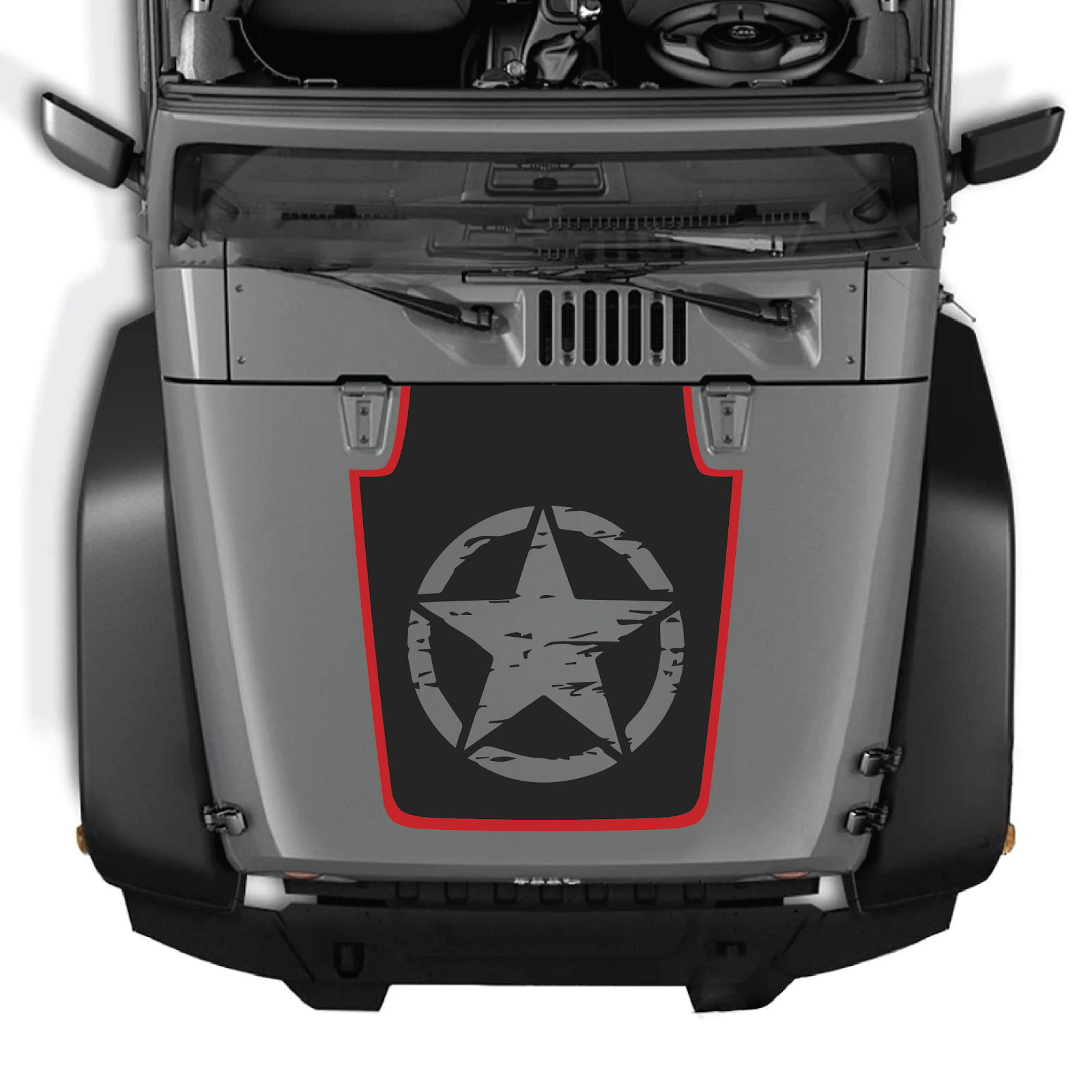 CarCode Jeep Wrangler JK/JKU hood decal Style #78, black and white graphic decal on vehicle hood, 2007-2018 model