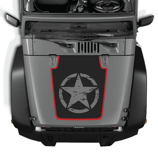 CarCode Jeep Wrangler JK/JKU hood decal Style #78, black and white graphic decal on vehicle hood, 2007-2018 model