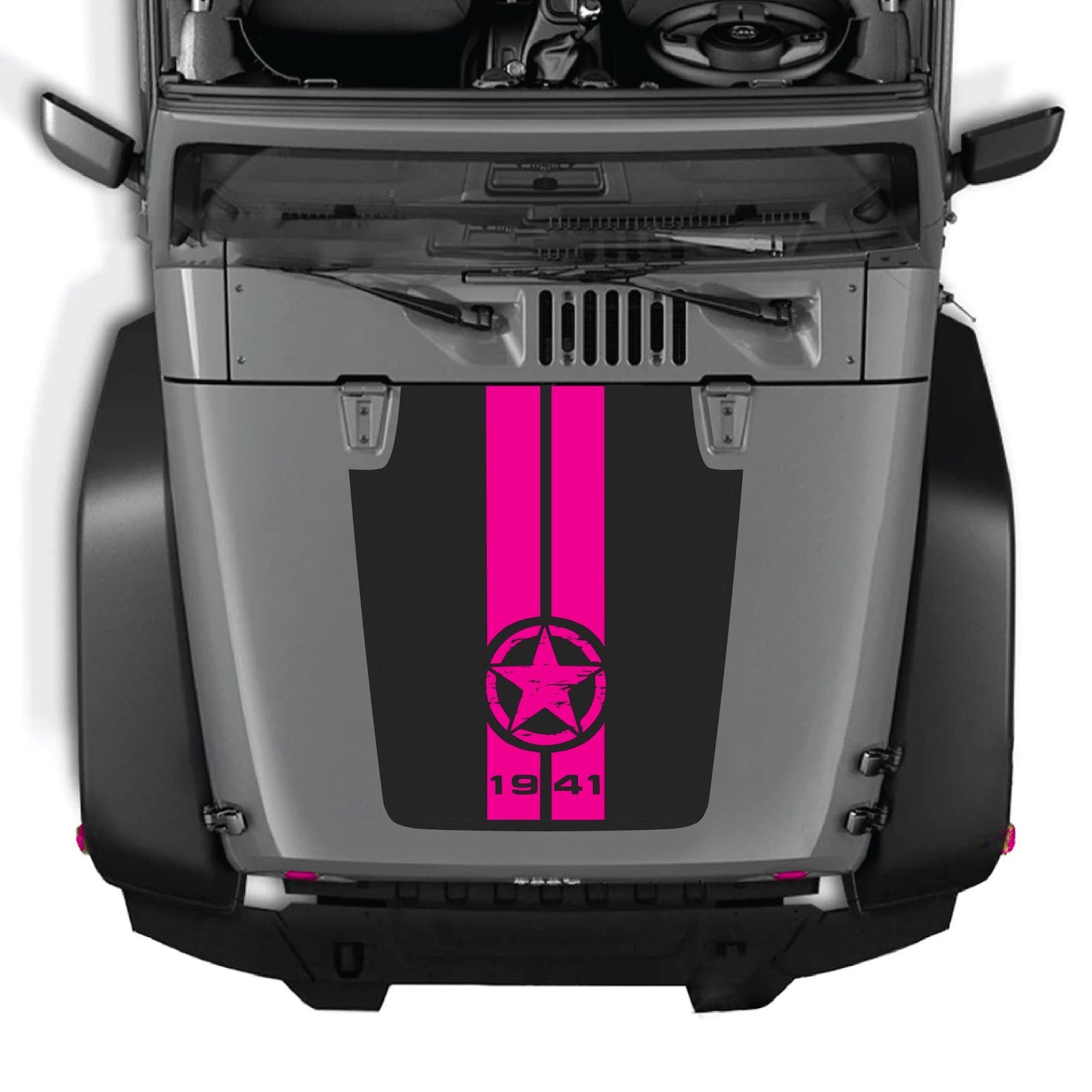 CarCode hood decal for Jeep Wrangler JK/JKU 2007-2018, style #62, visible in black decal design on vehicle's hood.