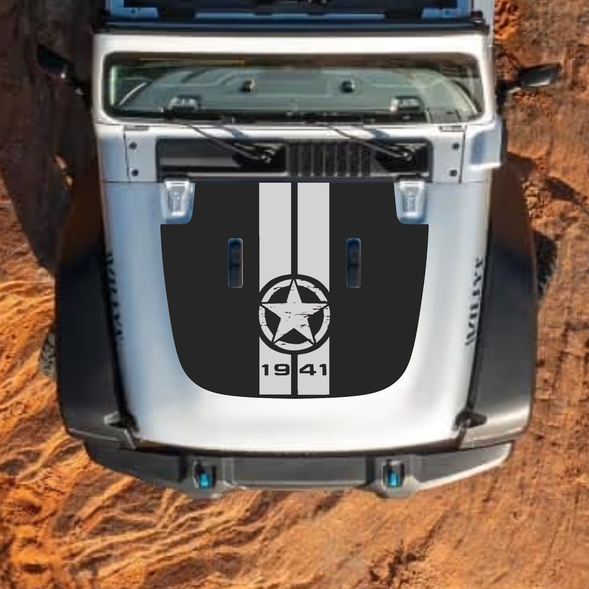CarCode hood decal for Jeep Wrangler JL, JLU, Gladiator JT, 2018+ style #02, black graphic design on hood