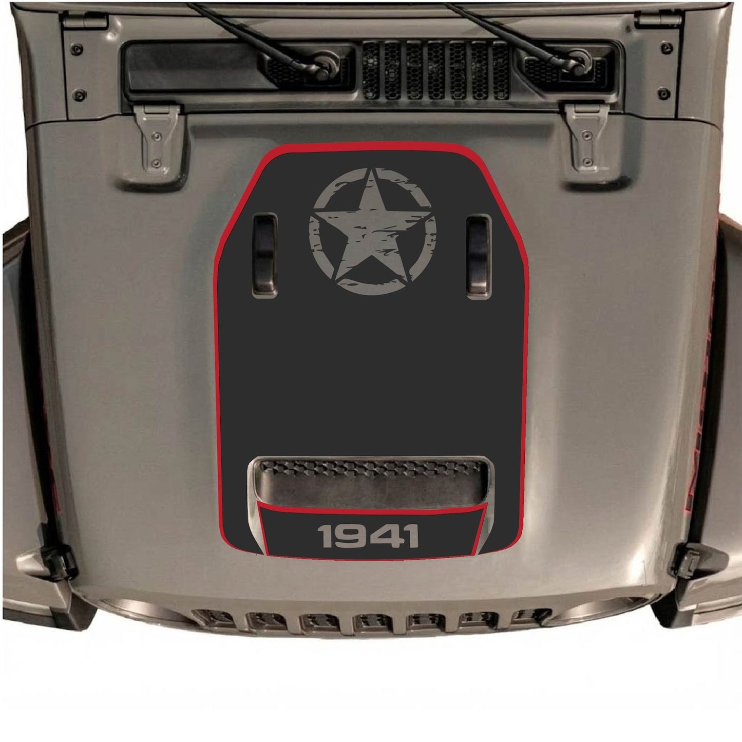 Jeep Wrangler JL/JLU Rubicon 392 and JT Gladiator Mojave hood decal by CarCode, style #88, shown on vehicle hood.