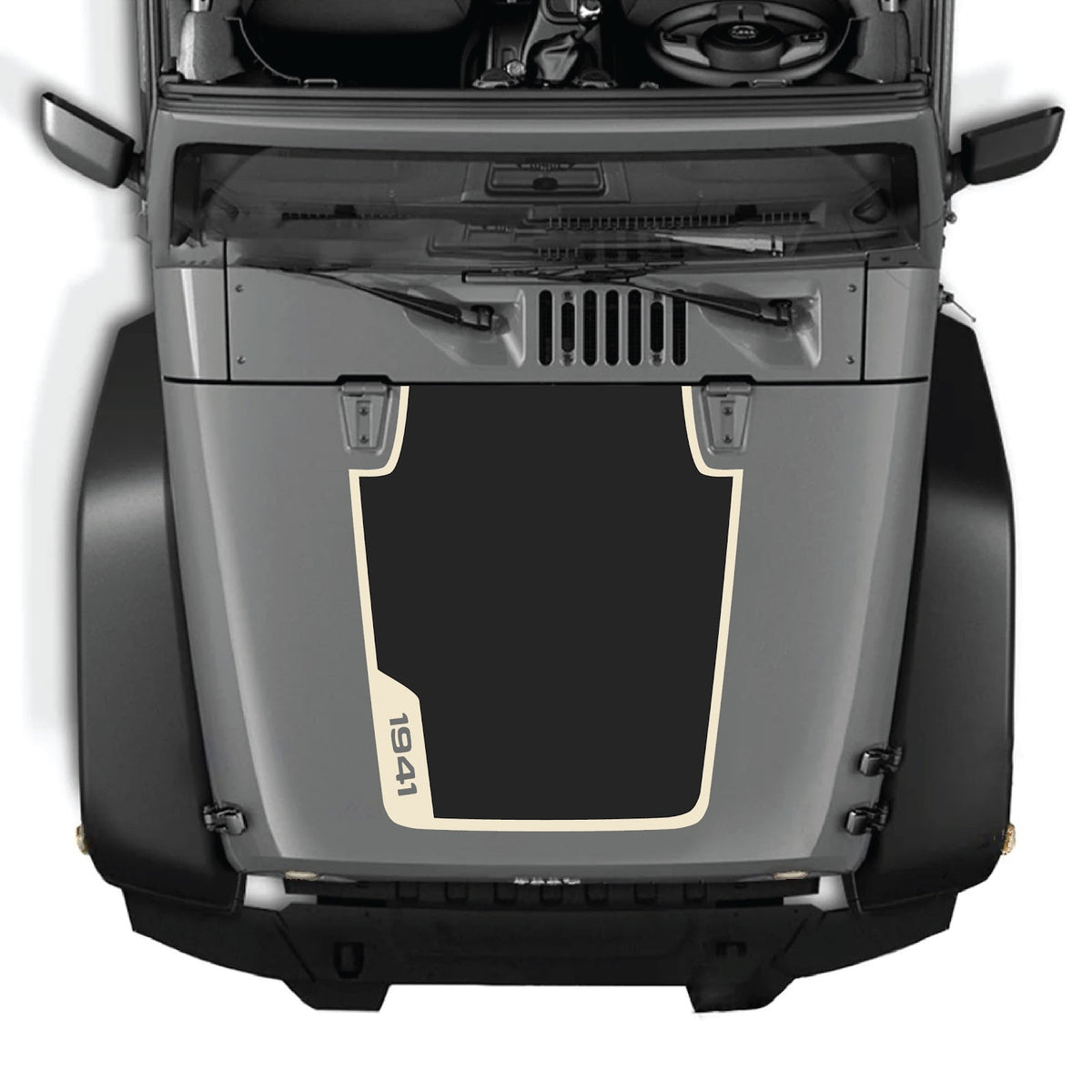 CarCode hood decal for Jeep Wrangler JK/JKU 2007-2018, style #86, shown applied on vehicle hood in black and white design.