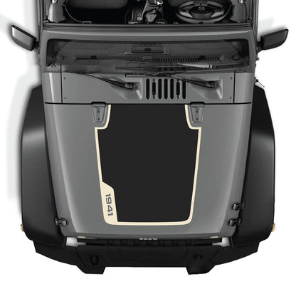 CarCode hood decal for Jeep Wrangler JK/JKU 2007-2018, style #86, shown applied on vehicle hood in black and white design.