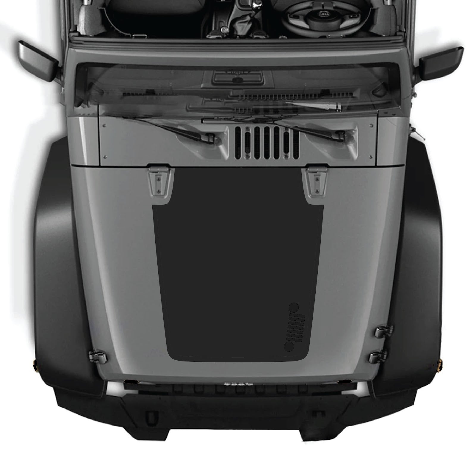 CarCode Jeep Wrangler JK/JKU hood decal style #39, black graphic sticker for 2007-2018 Jeep Wrangler models.