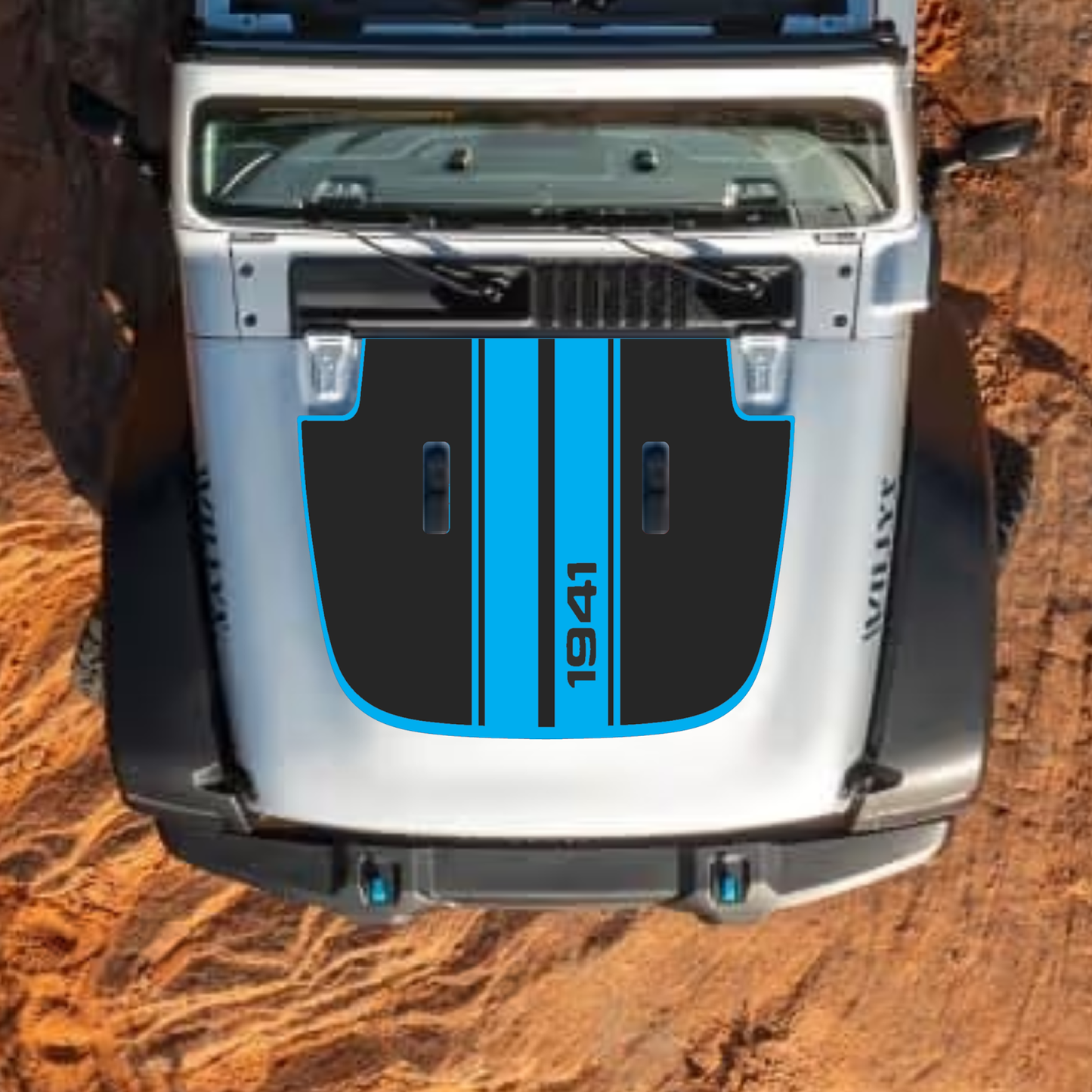 CarCode hood decal for Jeep Wrangler JL, JLU, Gladiator JT, 2018+ style #06, black and white graphic design on standard hood