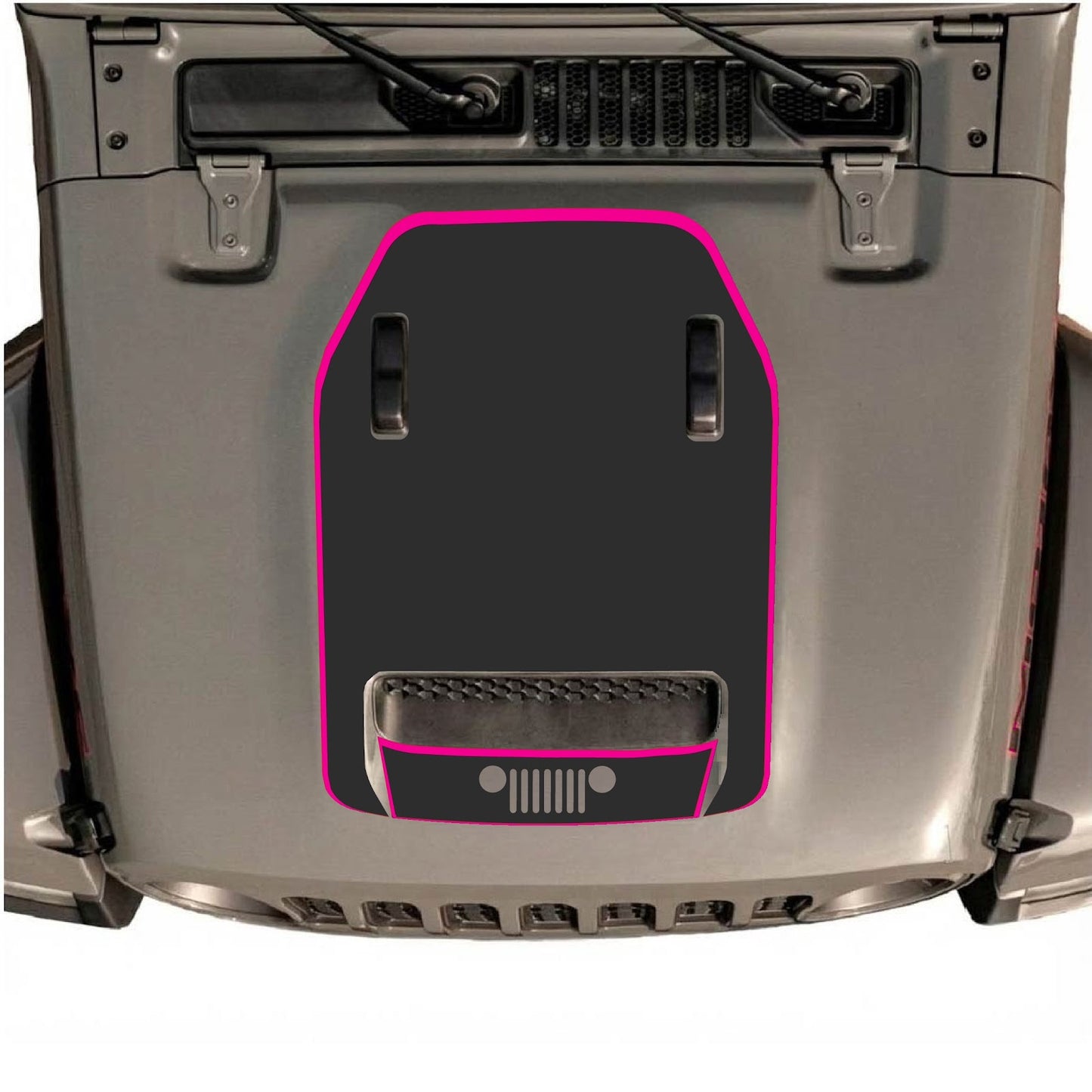 Jeep Wrangler JL/JLU Rubicon 392 or JT Gladiator Mojave hood decal by CarCode, style #99, black and gray graphic design on hood
