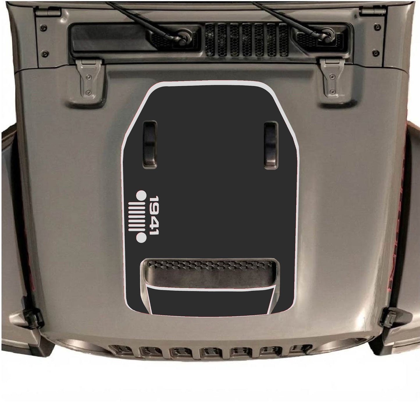 Jeep Wrangler JL/JLU Rubicon 392 and JT Gladiator Mojave hood decal in style #51, black graphic design on vehicle hood.