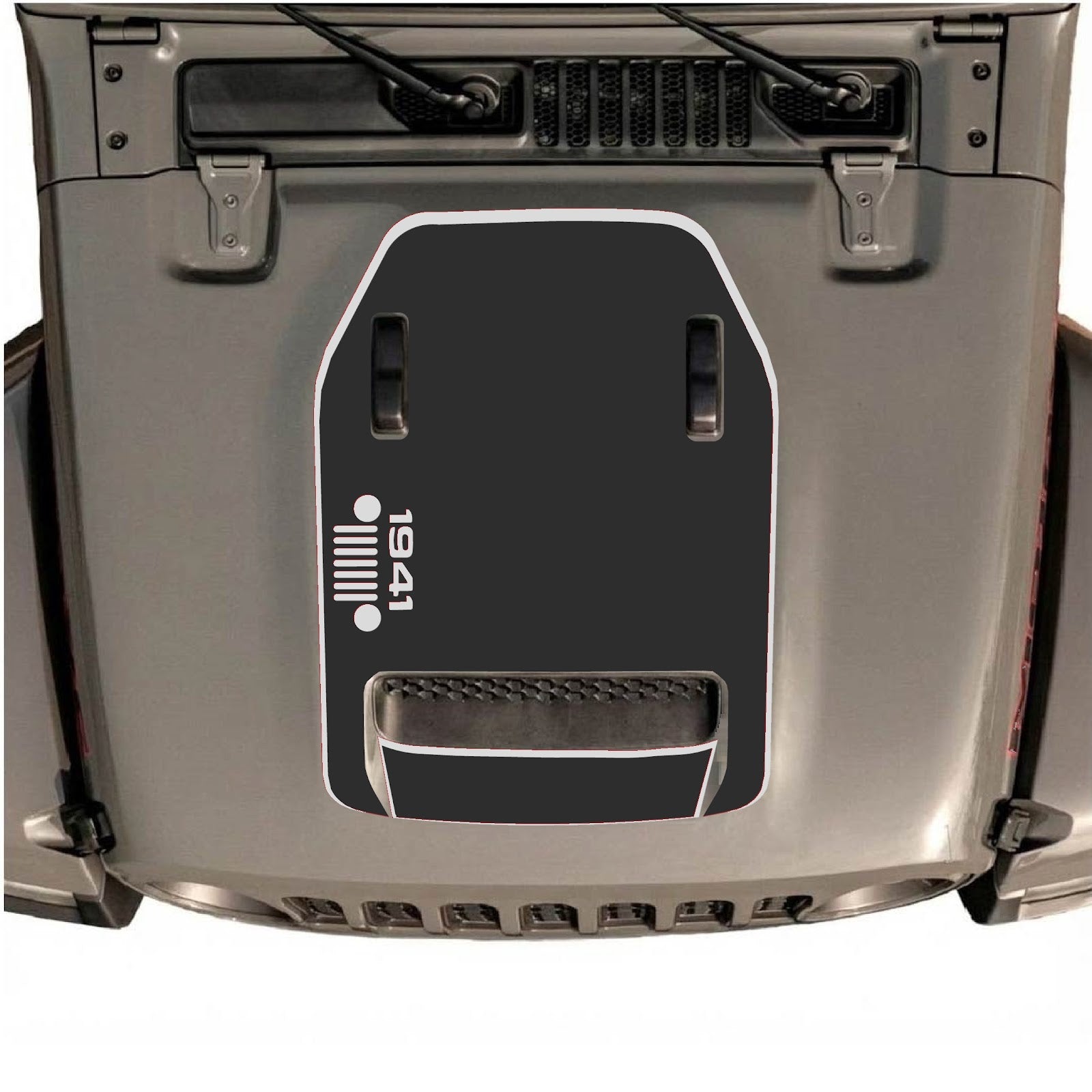 Jeep Wrangler JL/JLU Rubicon 392 and JT Gladiator Mojave hood decal in style #51, black graphic design on vehicle hood.