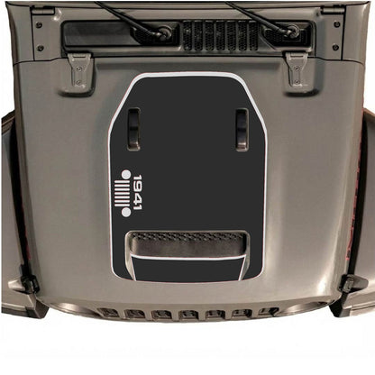 Jeep Wrangler JL/JLU Rubicon 392 and JT Gladiator Mojave hood decal in style #51, black graphic design on vehicle hood.