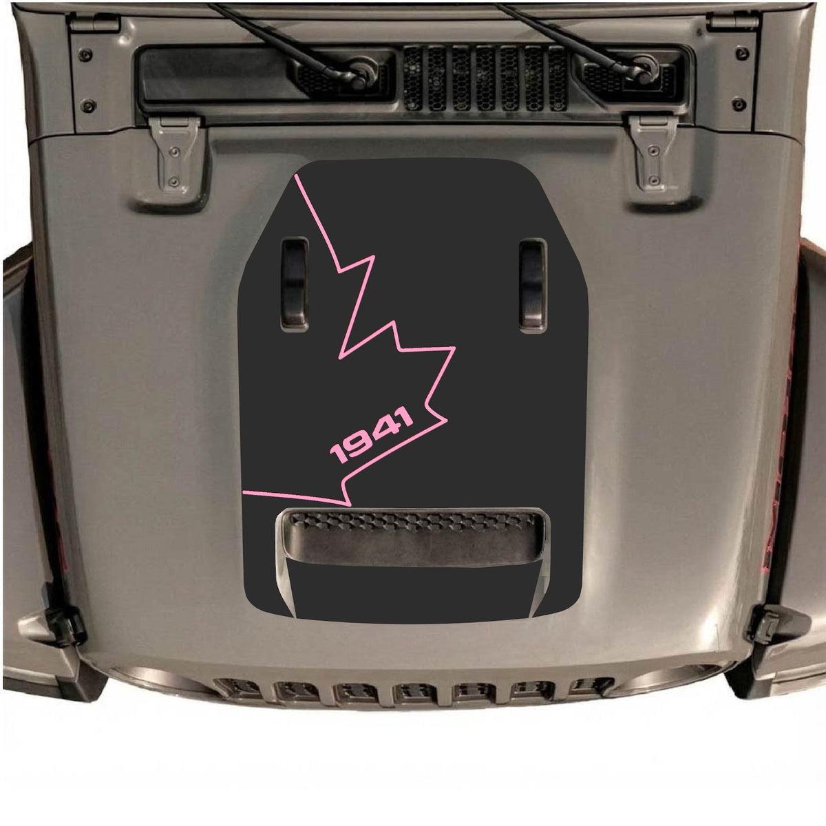 Jeep Wrangler JL/JLU Rubicon 392 and Jeep Gladiator Mojave hood decal in style #26, featuring bold black and gray graphic design.
