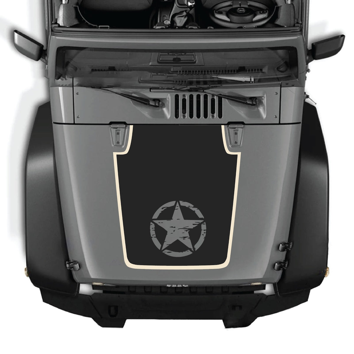 Jeep Wrangler JK hood decal by CarCode, style #75, black and white graphic design on vehicle hood, 2007-2018 model.