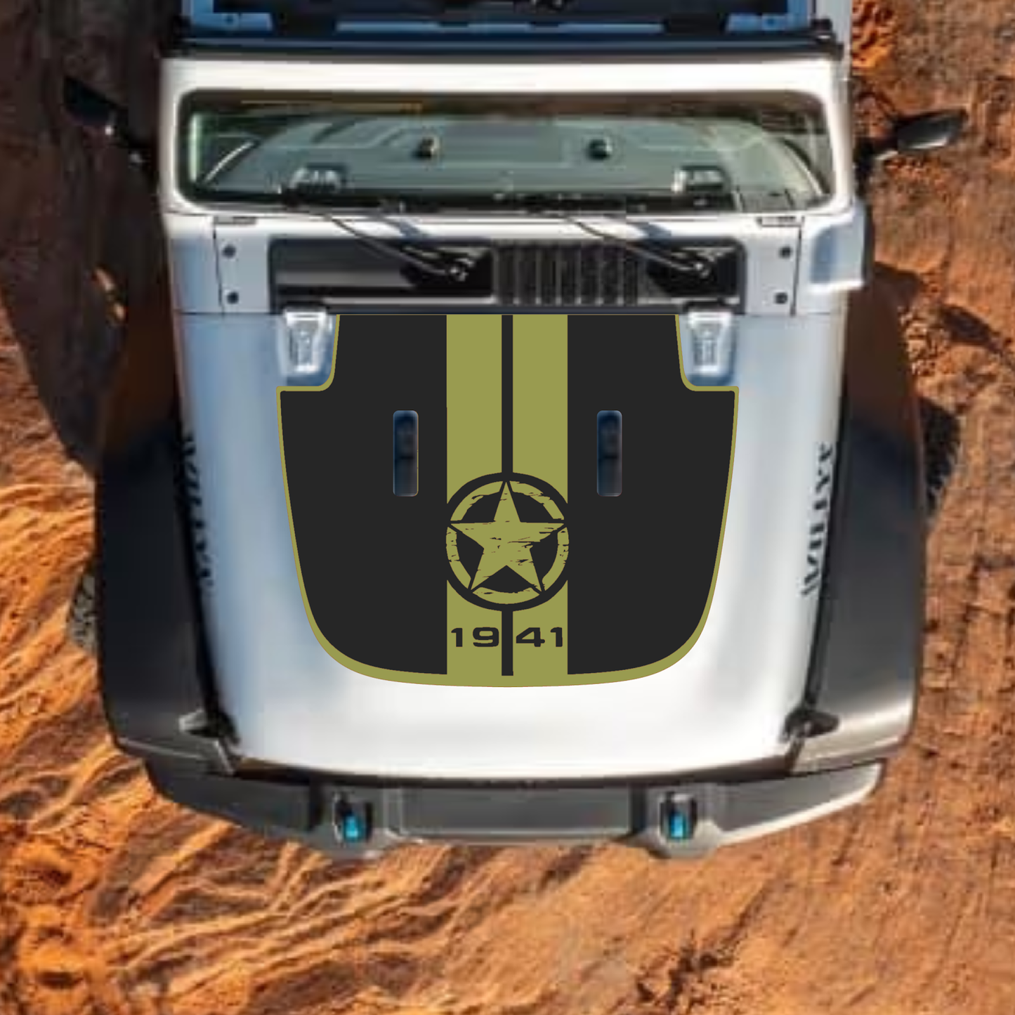 CarCode hood decal for Jeep Wrangler JL, JLU, Gladiator JT, 2018+ style, black and white graphic decal on vehicle hood