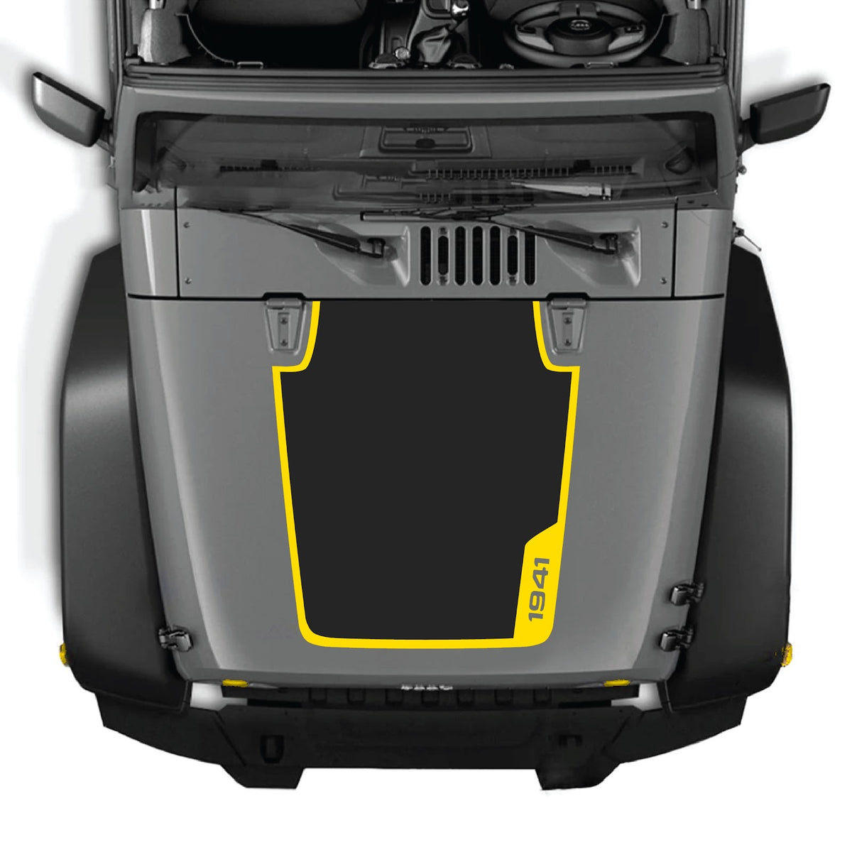 CarCode Jeep Wrangler JK/JKU hood decal with Style #84, black graphic design on the vehicle's hood, 2007-2018 model.