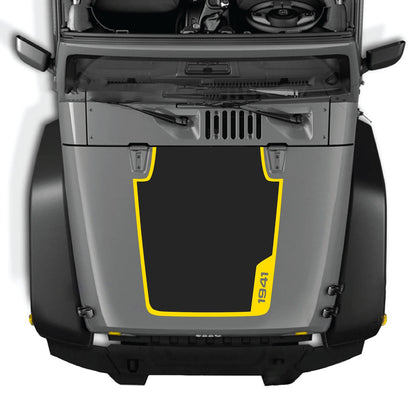 CarCode Jeep Wrangler JK/JKU hood decal with Style #84, black graphic design on the vehicle's hood, 2007-2018 model.