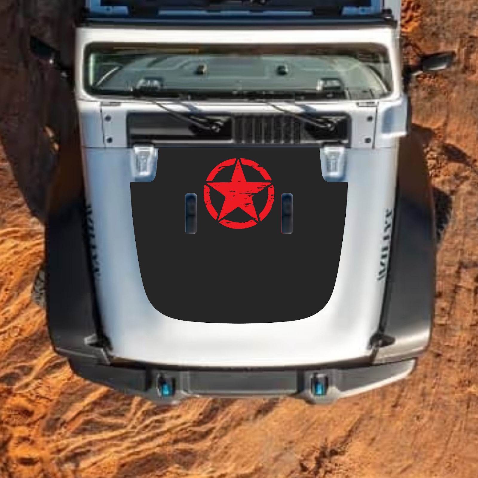 CarCode Jeep Wrangler JL and Gladiator JT hood decal in style #51, black graphic design on standard hood for 2018+ models.