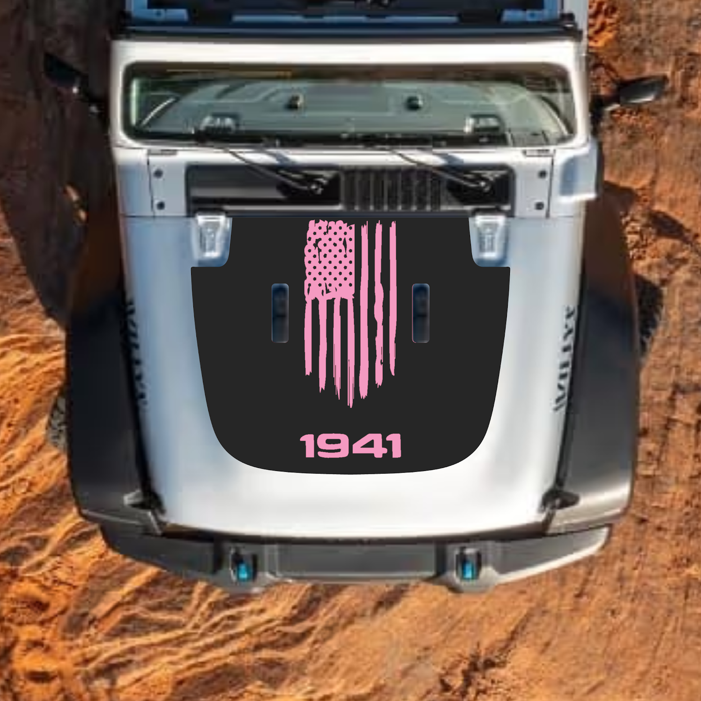 CarCode Jeep Wrangler JL JLU Gladiator JT hood decal in style #08, black graphic sticker for 2018+ models.