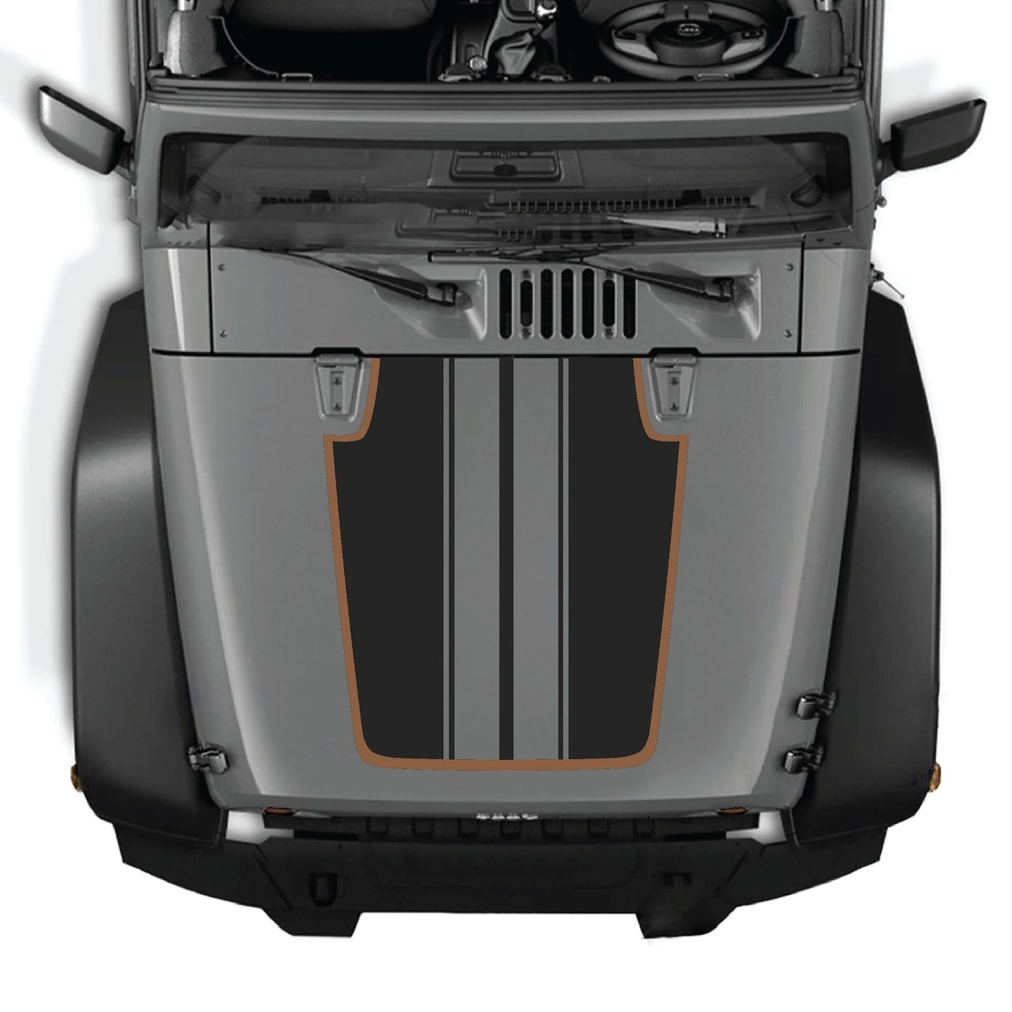 Jeep Wrangler JK/JKU hood decal in style #89, black and gray graphic design for 2007-2018 models, by CarCode.