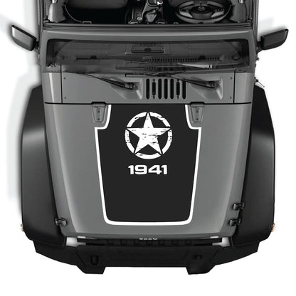 CarCode hood decal for Jeep Wrangler JK/JKU 2007-2018, Style #47, shown on the vehicle's hood in black with a sleek design.