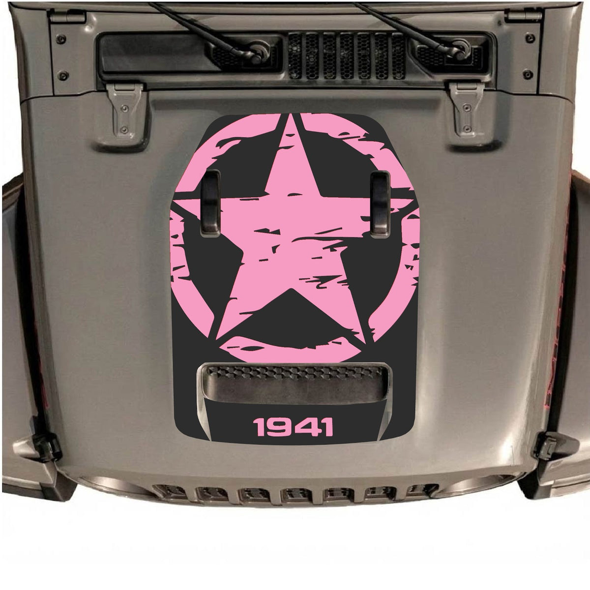 CarCode autocollant de capot pour Jeep Wrangler JL/JLU Rubicon 392 et JT Gladiator Mojave 2020-2026, style #34, présenté sur le capot du véhicule.