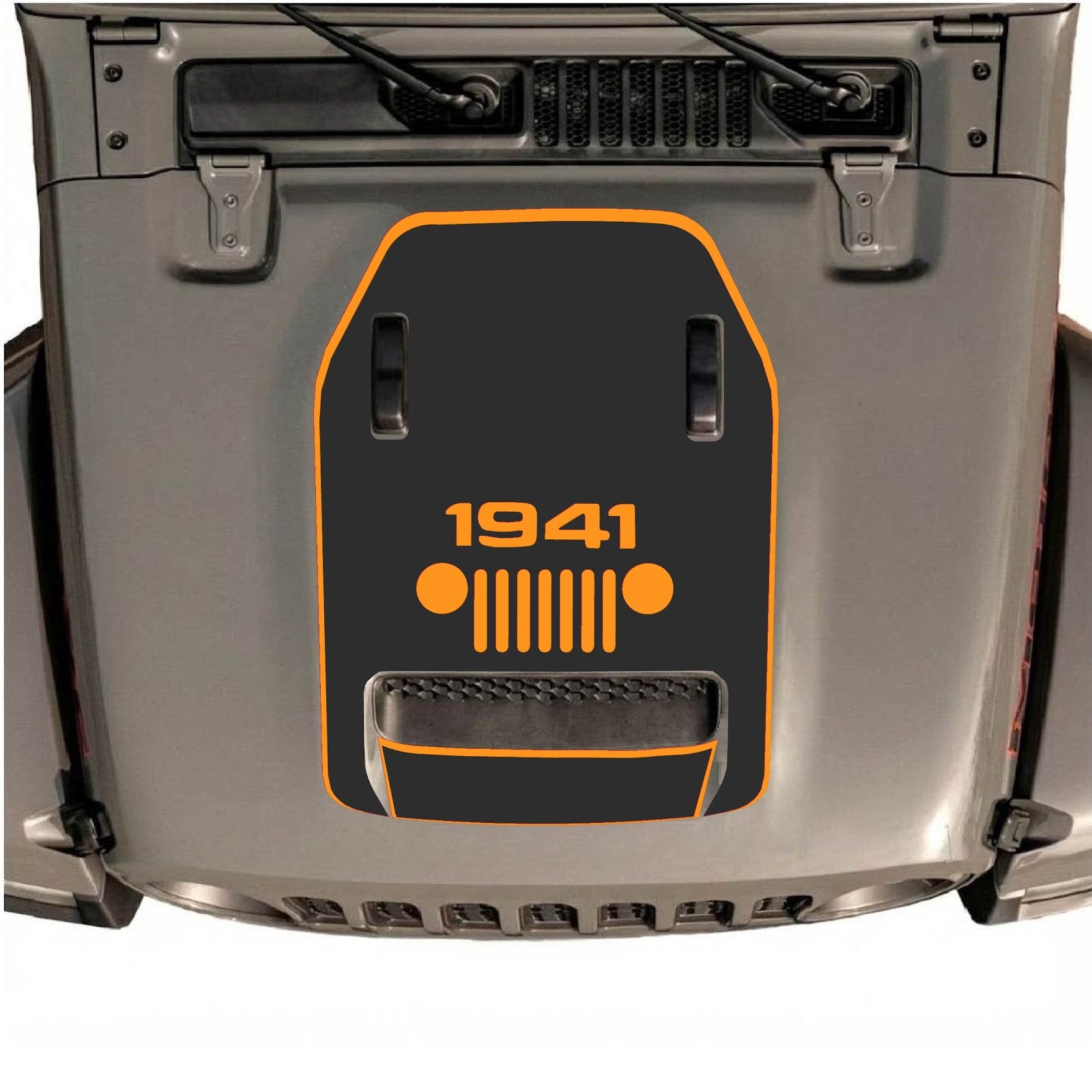Jeep Wrangler JL/JLU Rubicon 392 or Gladiator Mojave hood decal by CarCode, Style #47, featuring black graphic design on vehicle hood.