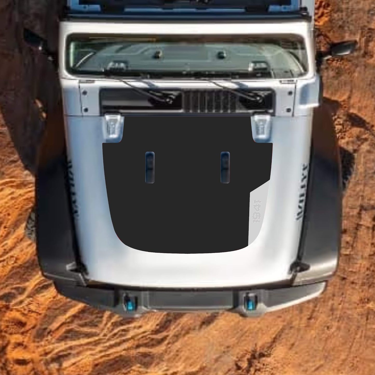 CarCode Jeep Wrangler JL and Gladiator JT hood decal in style #100, stylish black graphic design on standard hood.