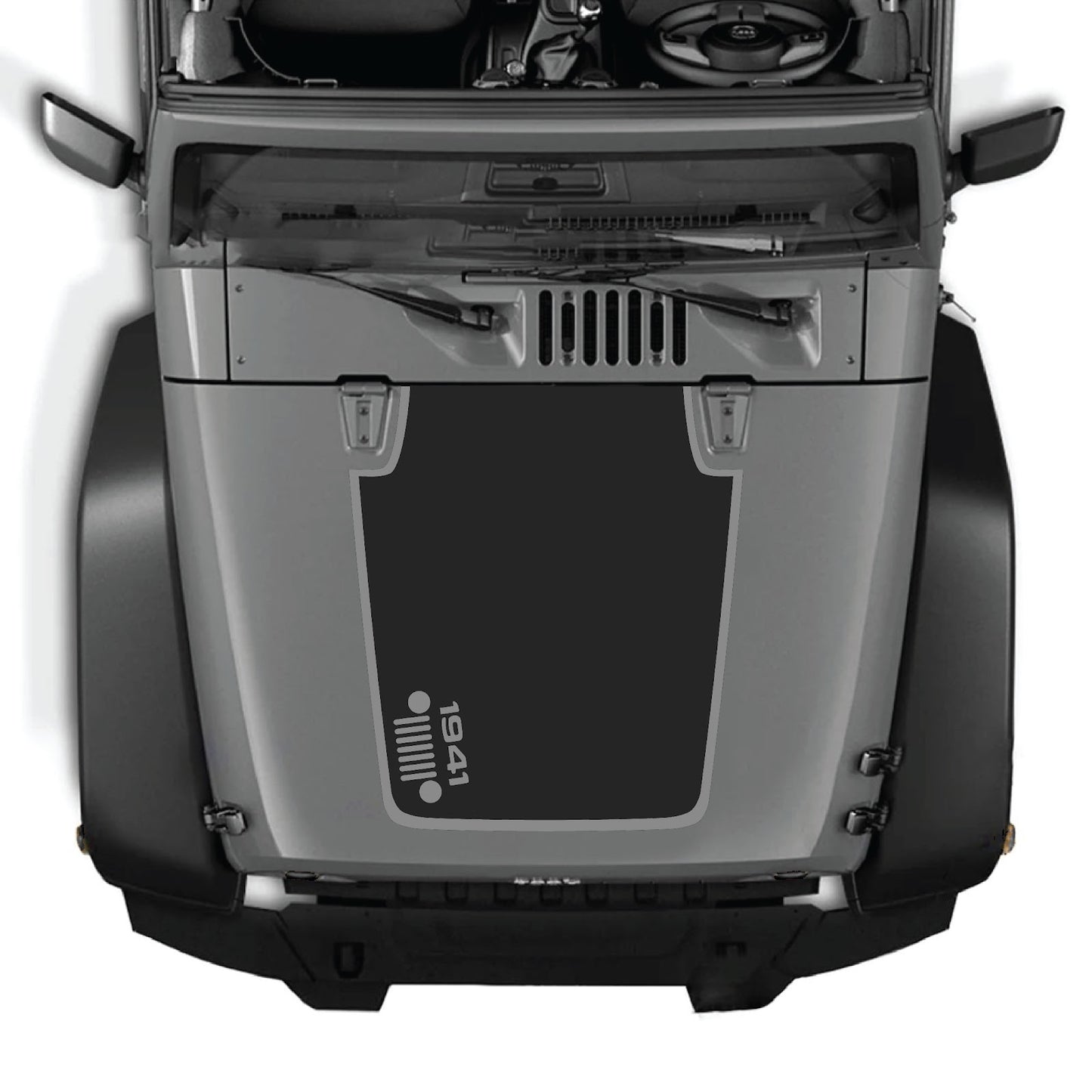 CarCode Jeep Wrangler JK/JKU hood decal in style #58, black and white graphic design on vehicle's hood.