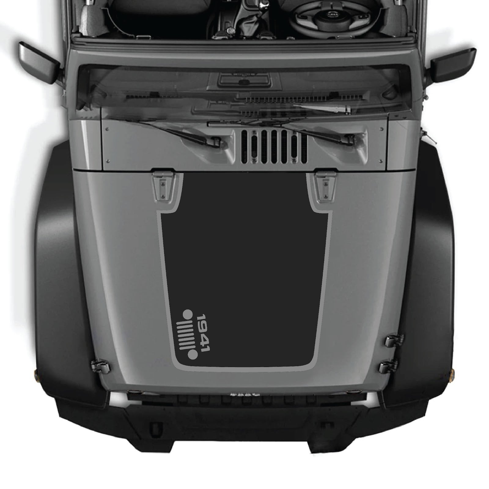 CarCode Jeep Wrangler JK/JKU hood decal in style #58, black and white graphic design on vehicle's hood.