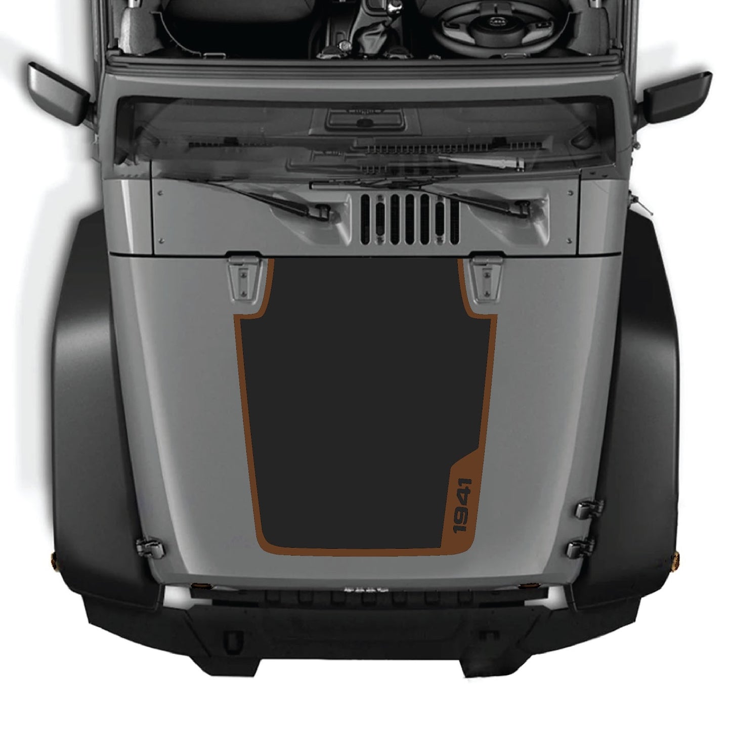 CarCode Jeep Wrangler JK/JKU hood decal Style #36 in black, applied on the vehicle's hood for a stylish customization.