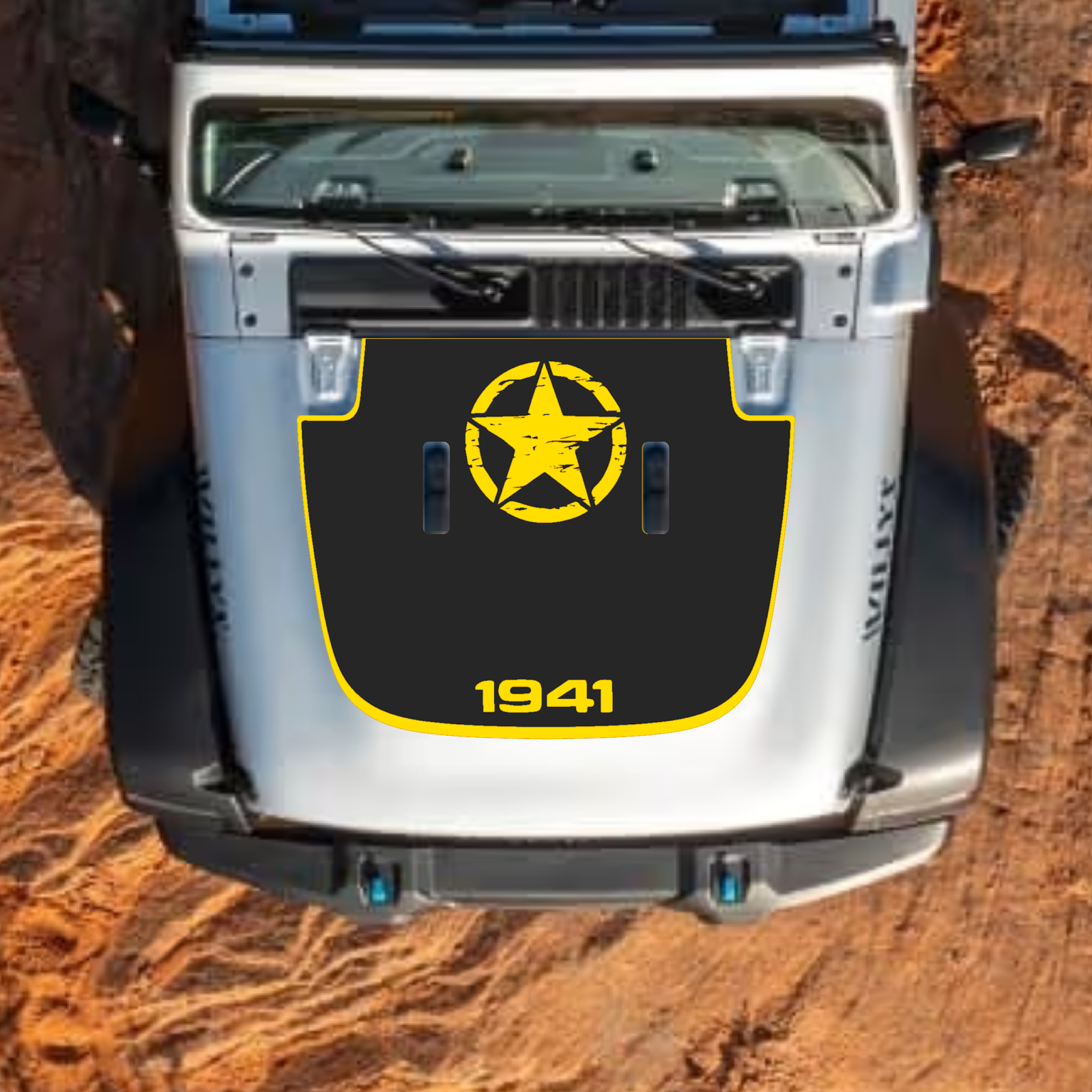 CarCode hood decal for Jeep Wrangler JL JLU and Gladiator JT, style #54, black graphic design on standard hood.