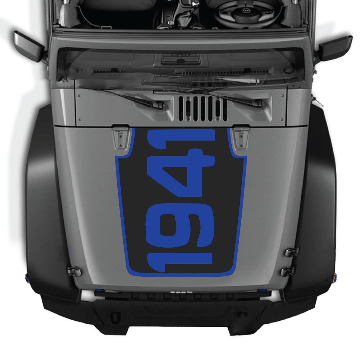 CarCode Jeep Wrangler JK/JKU hood decal in style #49, black graphic design on the vehicle's hood for 2007-2018 models.