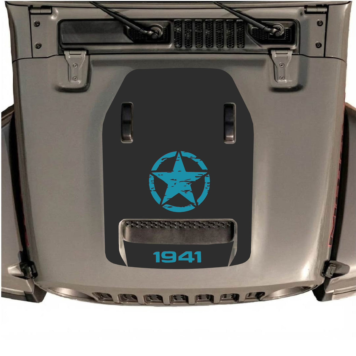 CarCode autocollant de capot pour Jeep Wrangler JL/JLU Rubicon 392 et Gladiator Mojave 2020-2026, style #44, présenté sur le capot du véhicule.