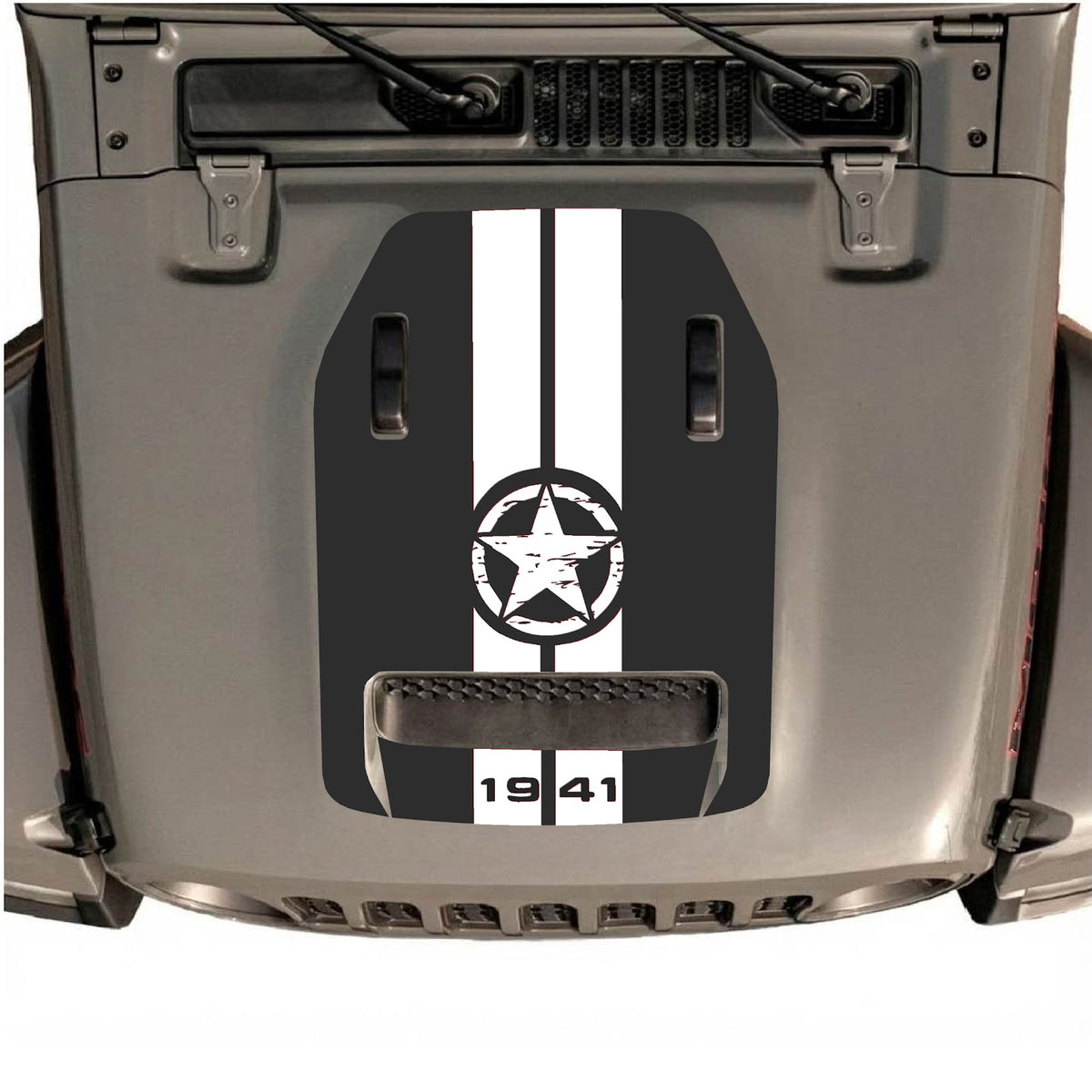 CarCode autocollant de capot pour Jeep Wrangler JL/JLU Rubicon 392 et JT Gladiator Mojave, style #06, montré sur le capot du véhicule.
