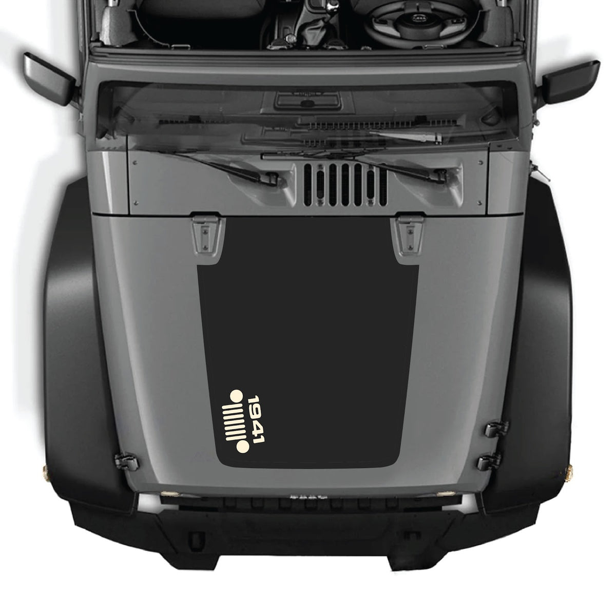CarCode Jeep Wrangler JK/JKU hood decal in style #57, black graphic sticker for 2007-2018 Jeep Wrangler models.