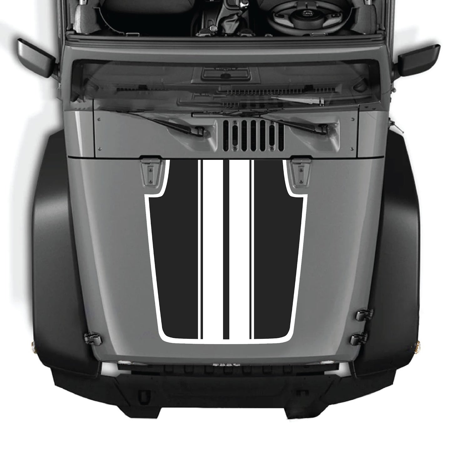 Jeep Wrangler JK/JKU 2007-2018 hood decal by CarCode, Style #44, black and gray graphic design on the vehicle's hood.