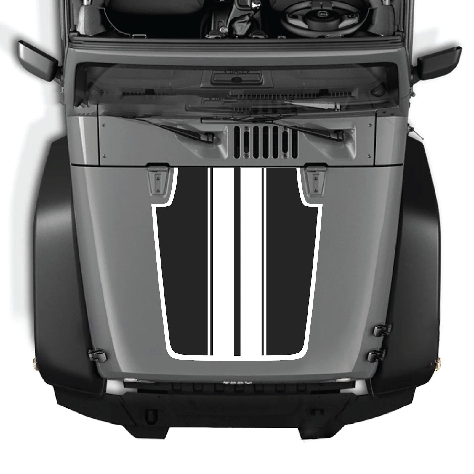 Jeep Wrangler JK/JKU 2007-2018 hood decal by CarCode, Style #44, black and gray graphic design on the vehicle's hood.