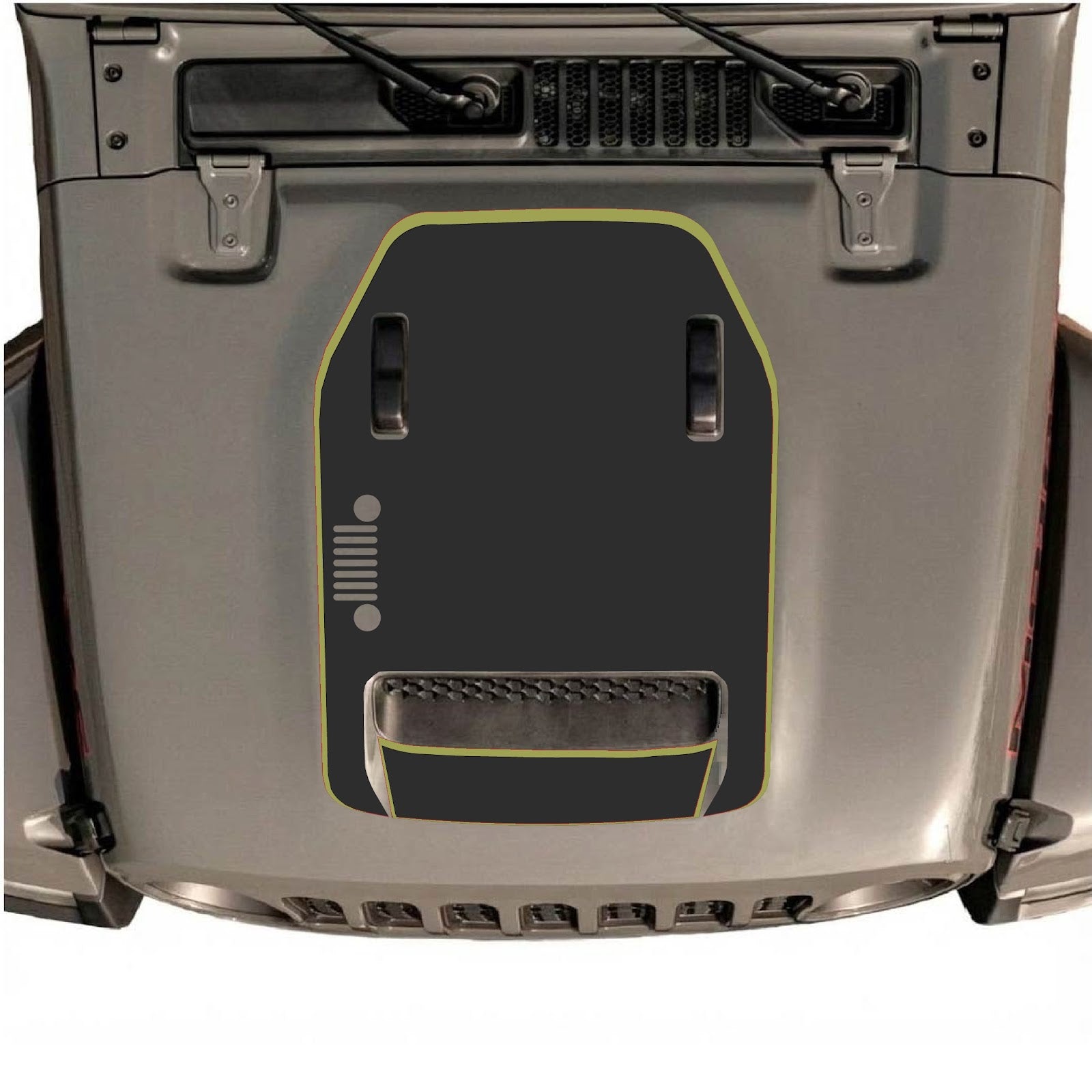 CarCode hood decal for Jeep Wrangler JL/JLU Rubicon 392 and JT Gladiator Mojave 2020-2026, style #95, shown on vehicle hood.