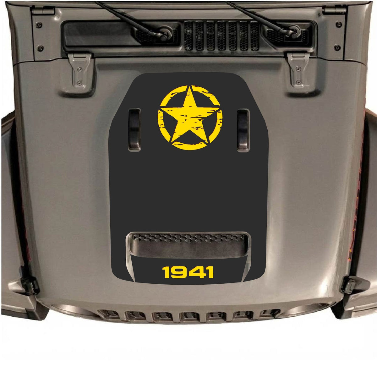 Autocollant de capot Jeep Wrangler JL/JLU Rubicon 392 par CarCode, style #40, avec motif graphique audacieux sur le capot du véhicule.