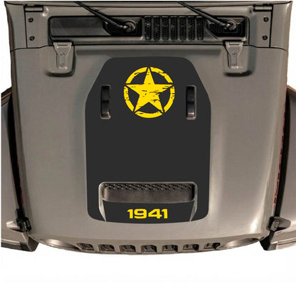 Autocollant de capot Jeep Wrangler JL/JLU Rubicon 392 par CarCode, style #40, avec motif graphique audacieux sur le capot du véhicule.