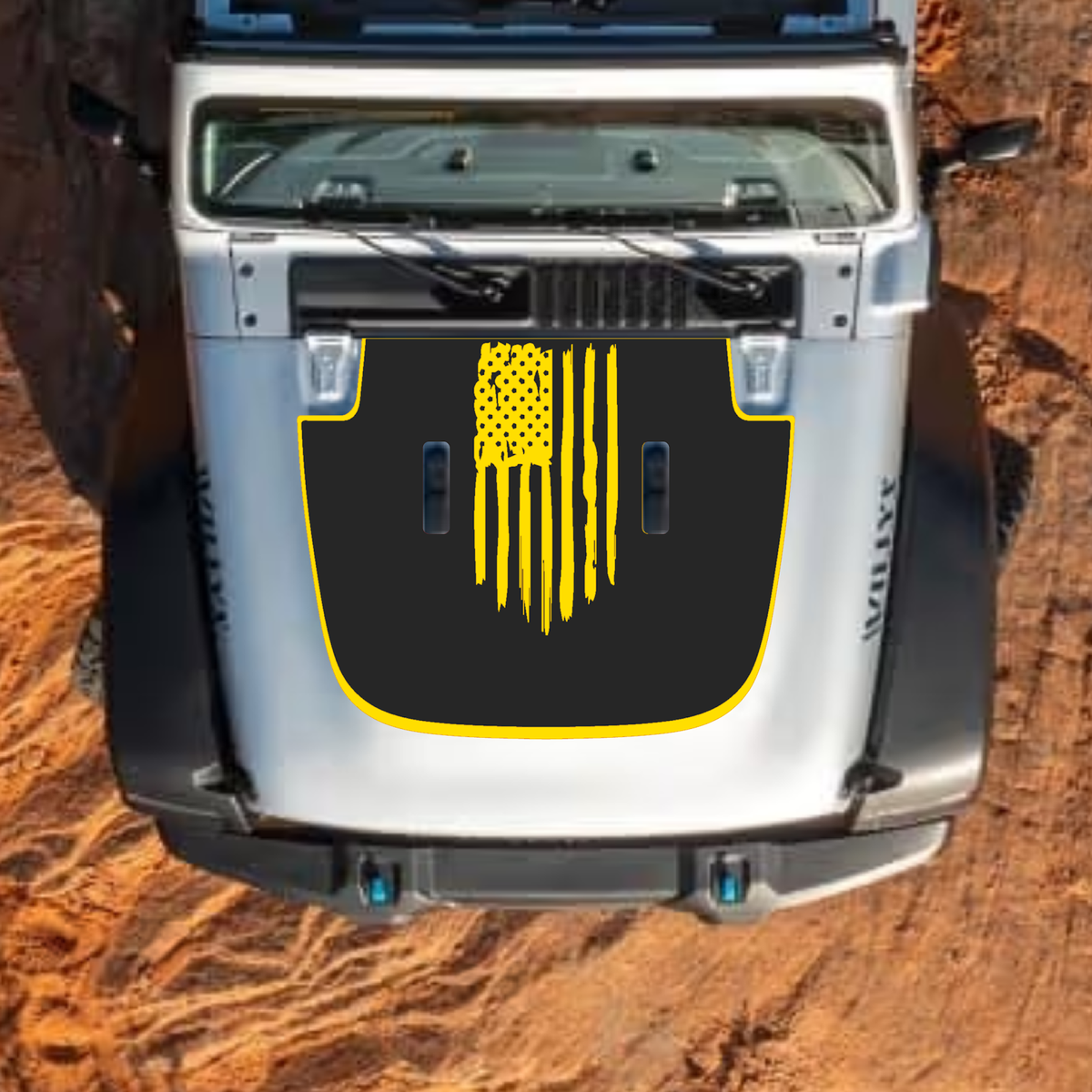 CarCode hood decal for Jeep Wrangler JL, JLU, Gladiator JT, standard hood, style #09, black graphic design on vehicle hood