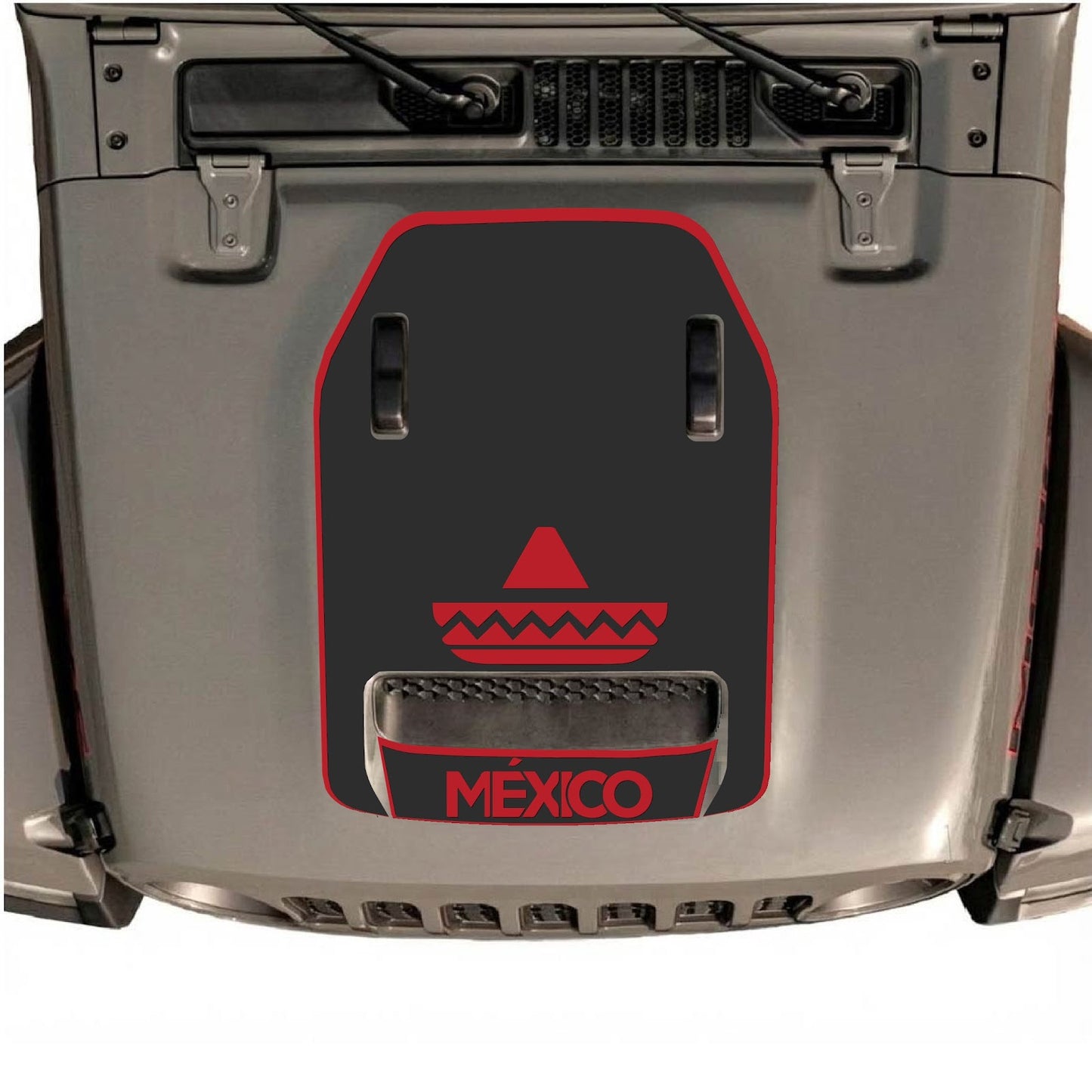 CarCode hood decal for Jeep Wrangler JL/JLU Rubicon 392 and JT Gladiator Mojave, style #15, black graphic design on hood.