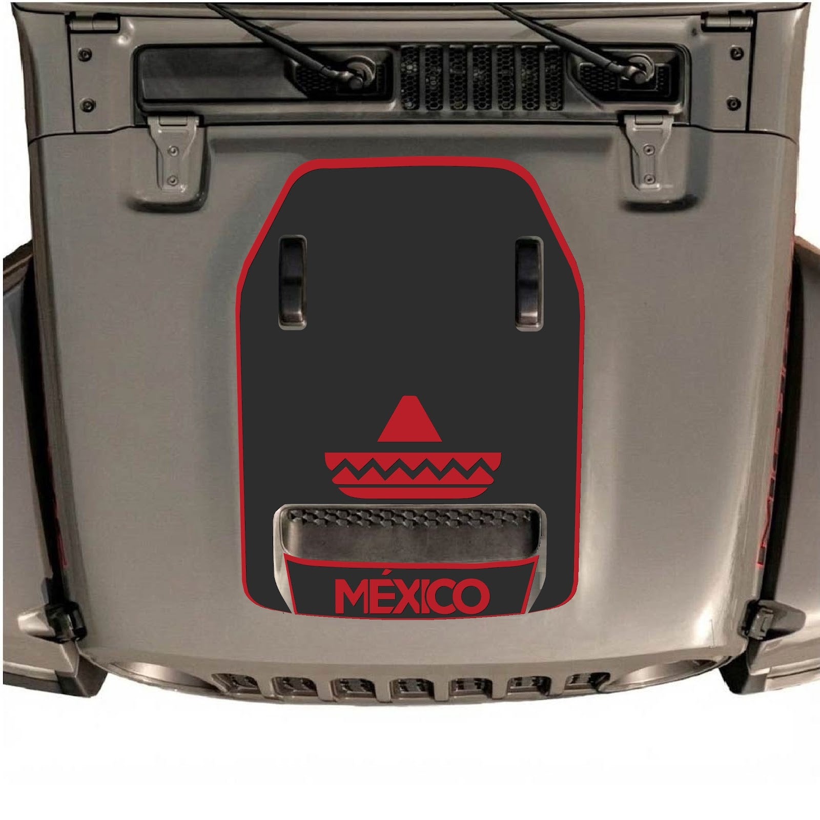CarCode hood decal for Jeep Wrangler JL/JLU Rubicon 392 and JT Gladiator Mojave, style #15, black graphic design on hood.