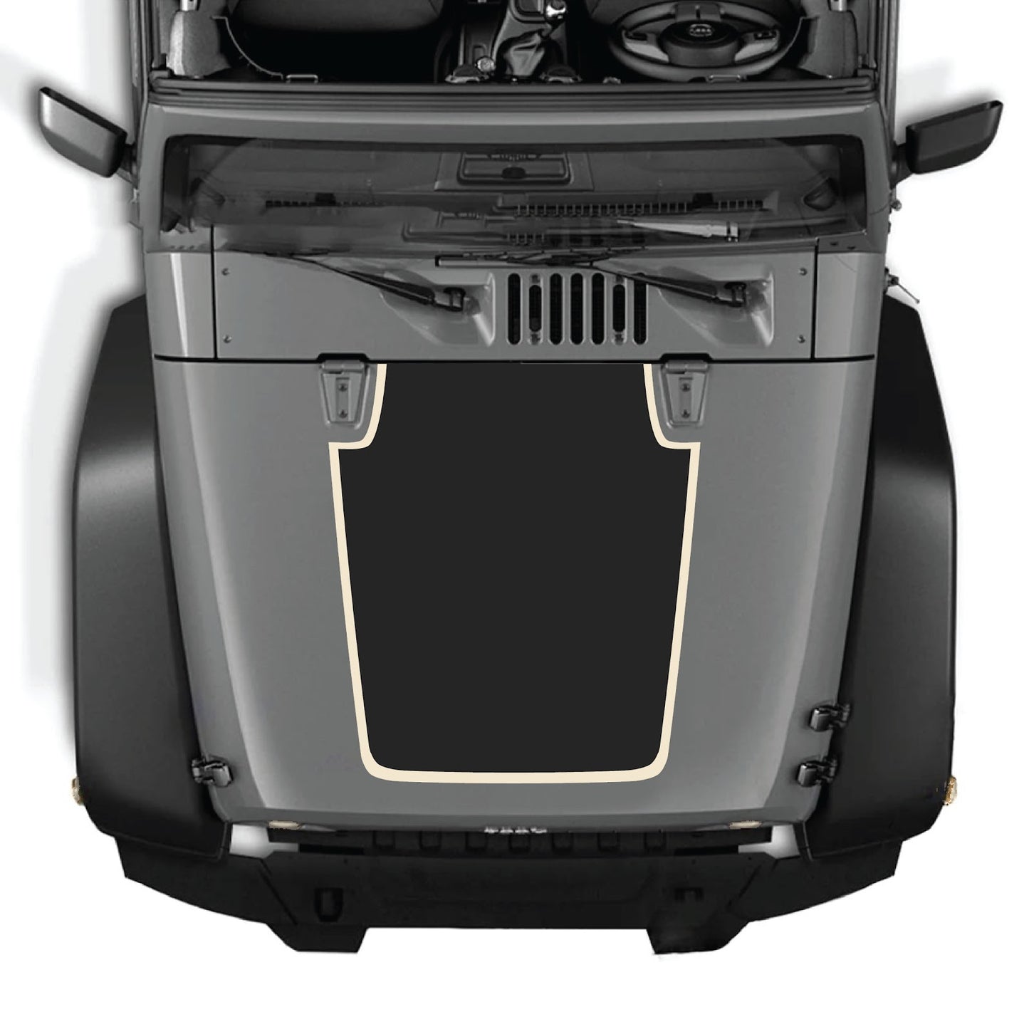 Jeep Wrangler JK hood decal by CarCode, style #61, black graphic design on the vehicle's hood, compatible with 2007-2018 models.