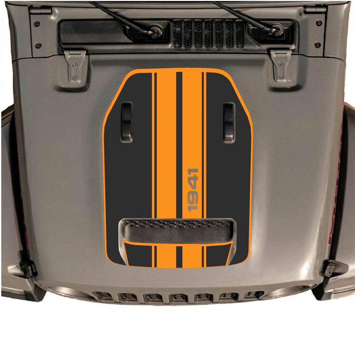 CarCode Jeep Wrangler JL/JLU Rubicon 392 and Gladiator Mojave hood decal in style #71, black and gray graphic design on vehicle hood.