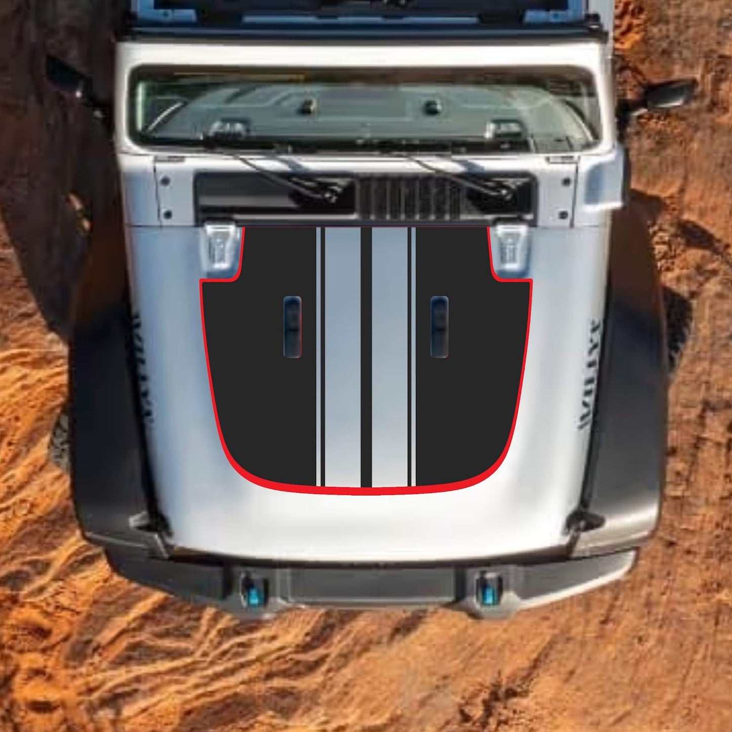 CarCode hood decal for Jeep Wrangler JL, JLU, Gladiator JT, standard hood style, black graphic design on vehicle hood.