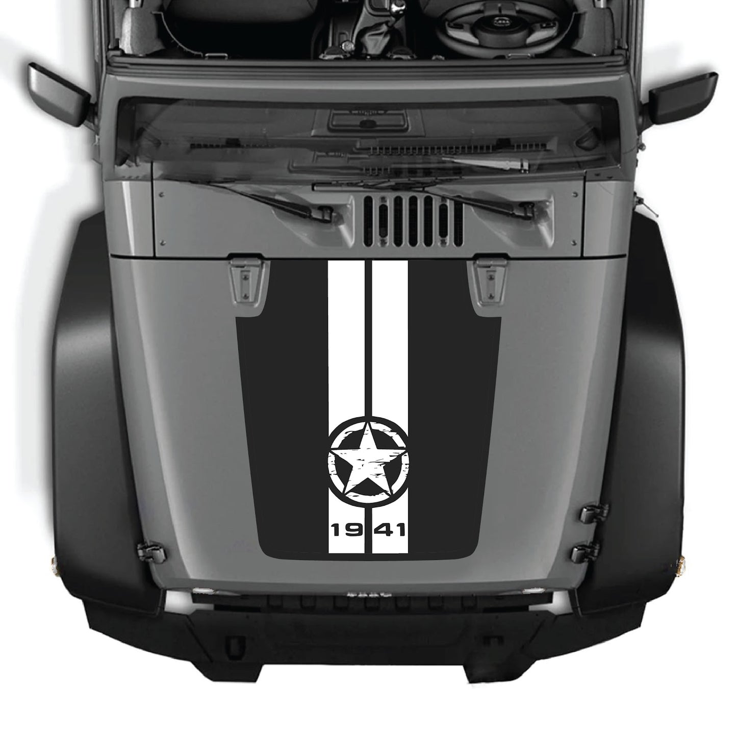 CarCode Jeep Wrangler JK/JKU hood decal Style #62, stylish graphic decal on black hood for 2007-2018 Jeep Wrangler models.