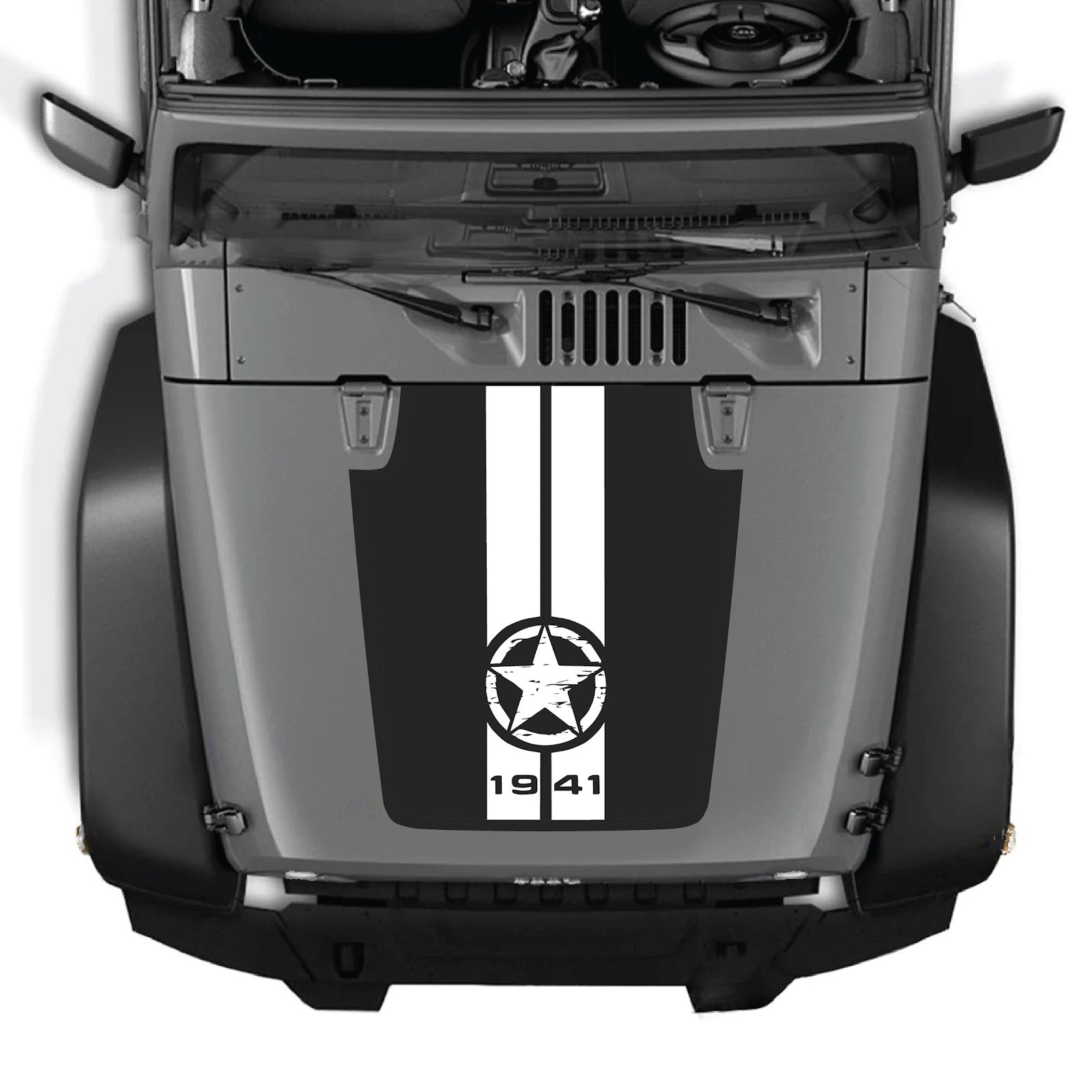 CarCode Jeep Wrangler JK/JKU hood decal Style #62, stylish graphic decal on black hood for 2007-2018 Jeep Wrangler models.