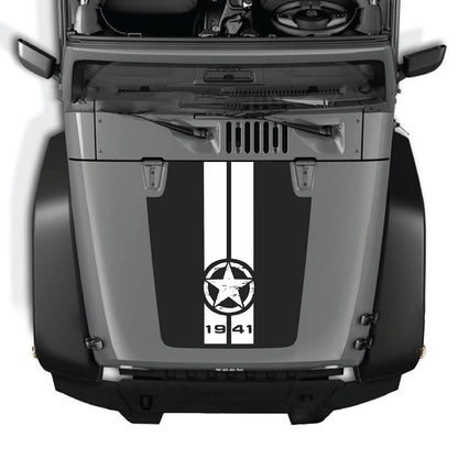 CarCode Jeep Wrangler JK/JKU hood decal Style #62, stylish graphic decal on black hood for 2007-2018 Jeep Wrangler models.